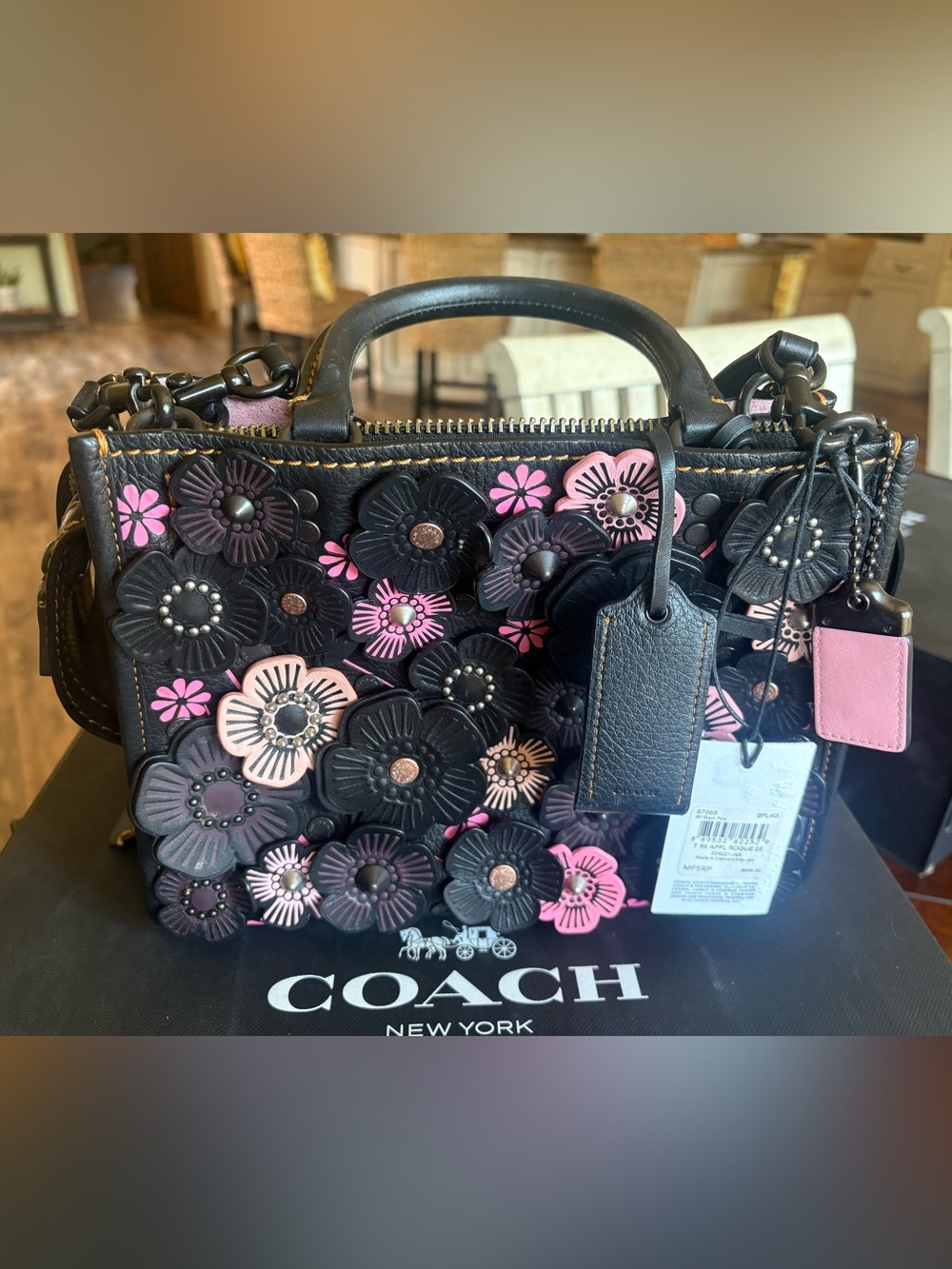 Coach Black Leather Satchel with Pink Floral Appliqués